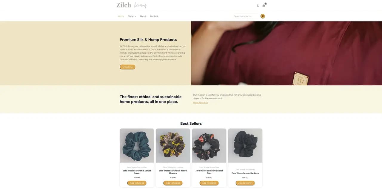 Zilch Binary website - eco-friendly handmade textiles and home goods